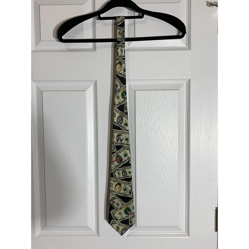 Looney Tunes Mania Necktie Vintage 90s Silk Money Black Green Character 1995 Tie